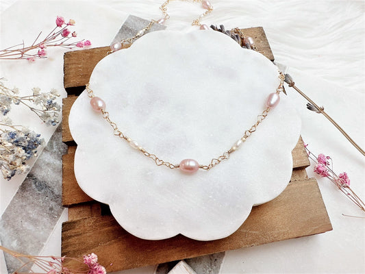 Muave Pink and White Freshwater Pearl Necklace