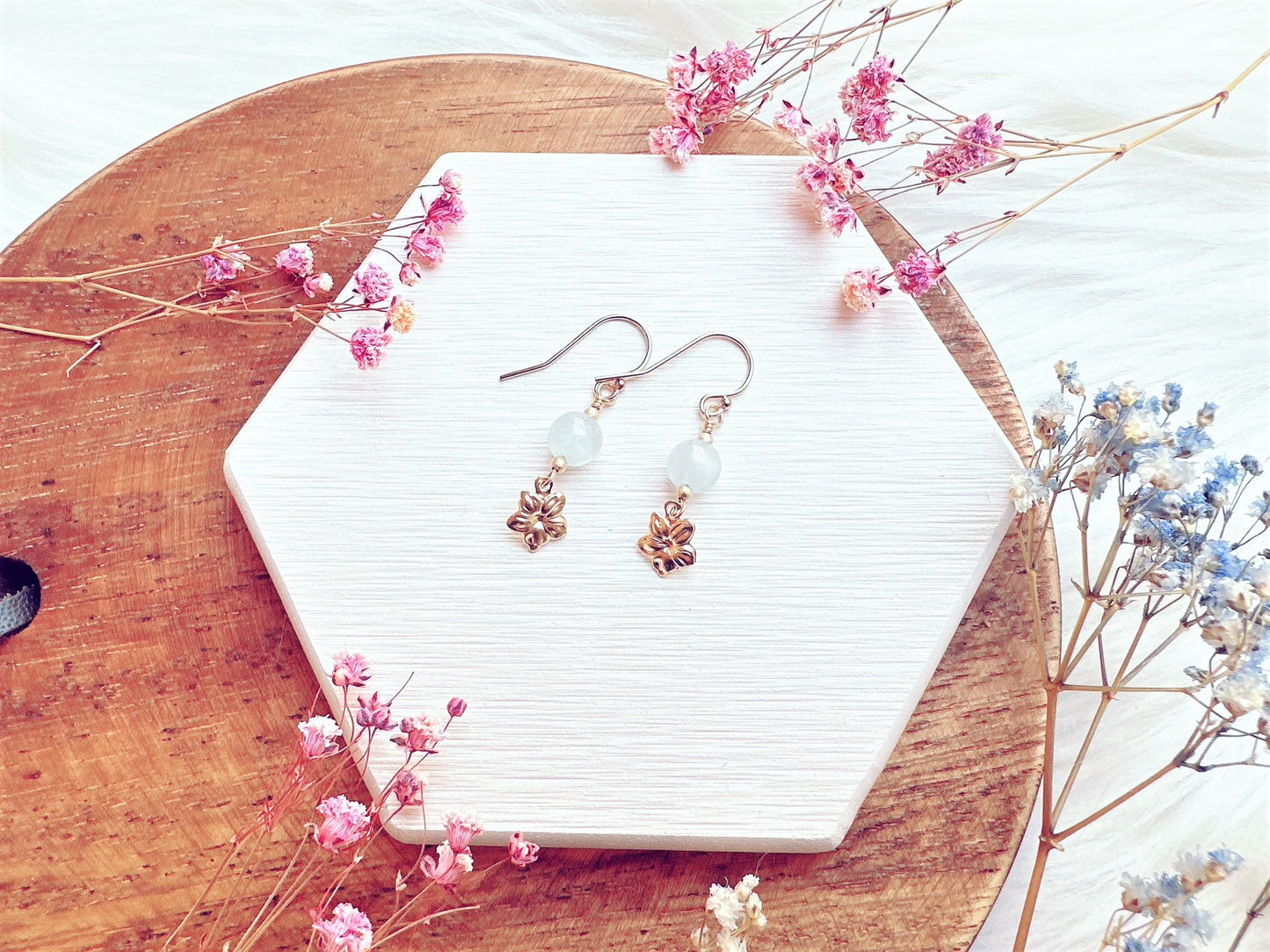 Aquamarine with Flower Charm Drop Earrings
