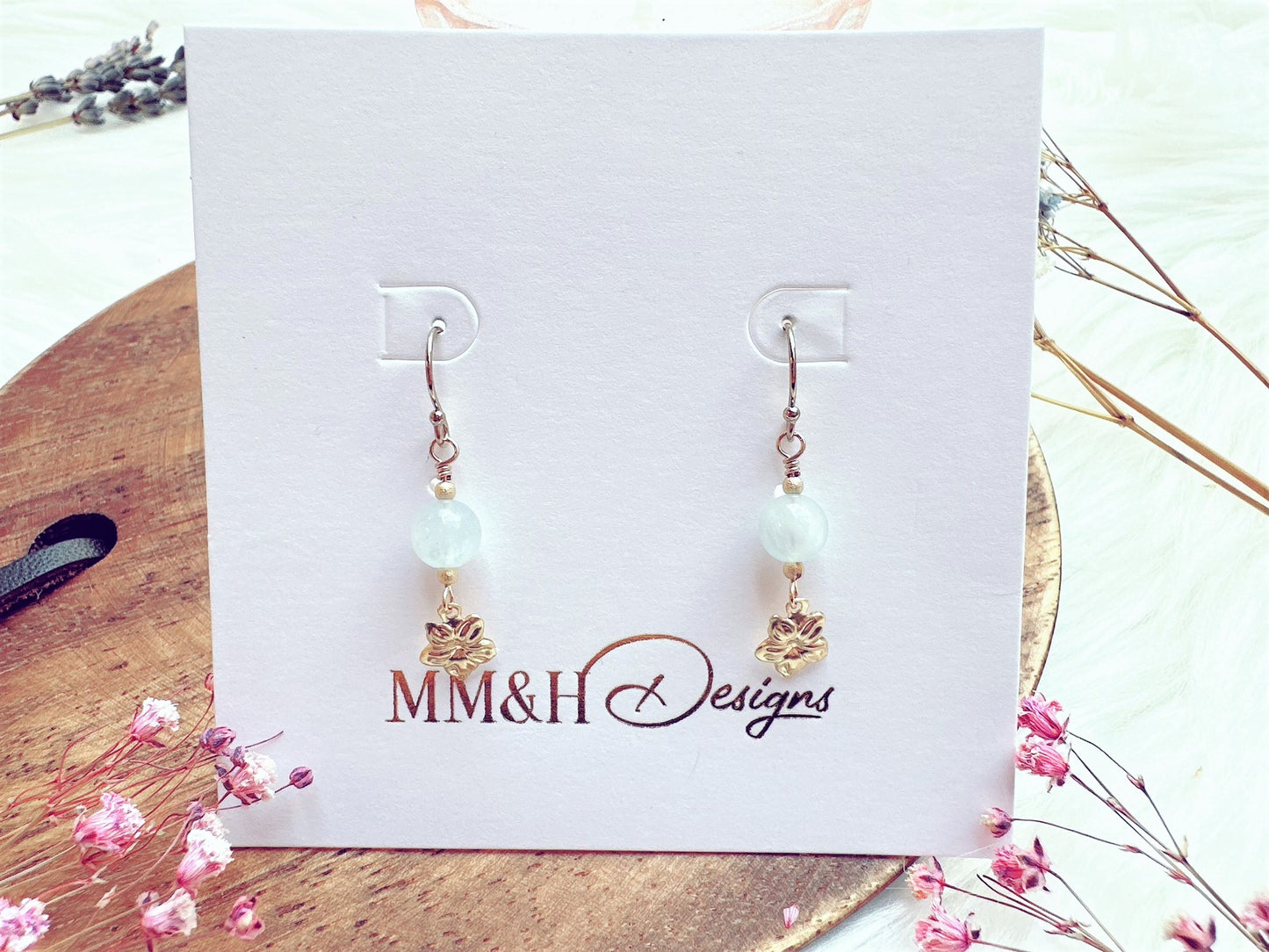 Aquamarine with Flower Charm Drop Earrings