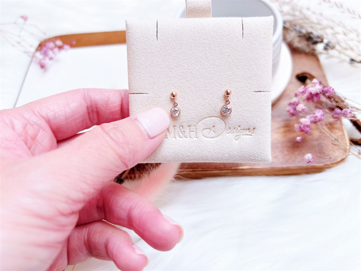 Mini Ball Stud Earrings with Cubic Zirconia Charm (Rose Gold)