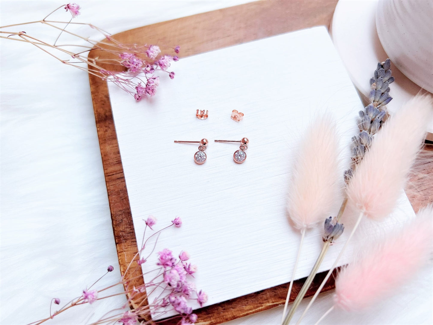 Mini Ball Stud Earrings with Cubic Zirconia Charm (Rose Gold)
