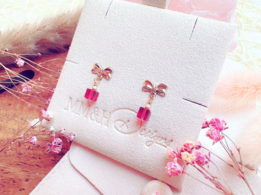 Bow Stud Earrings with Crystal Cube