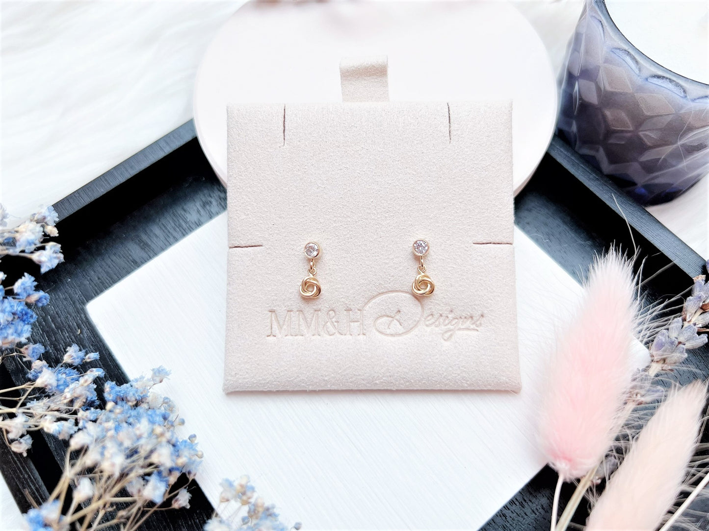 Cubic Zirconia Stud Earrings with Eternity Love Knot Charm