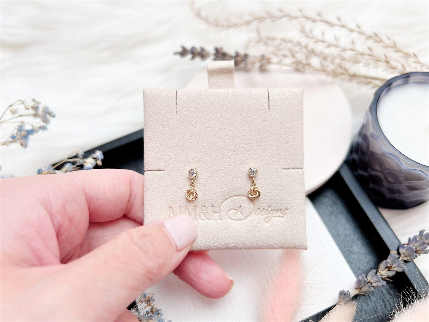 Cubic Zirconia Stud Earrings with Eternity Love Knot Charm