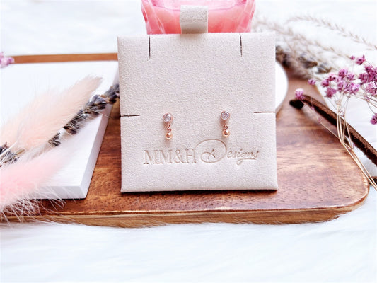 Cubic Zirconia Stud Earrings with Bead Ball Charm (Rose Gold)