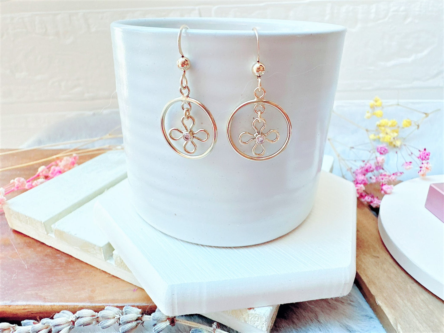 Flower Charm in Gold Circle Frame Earrings
