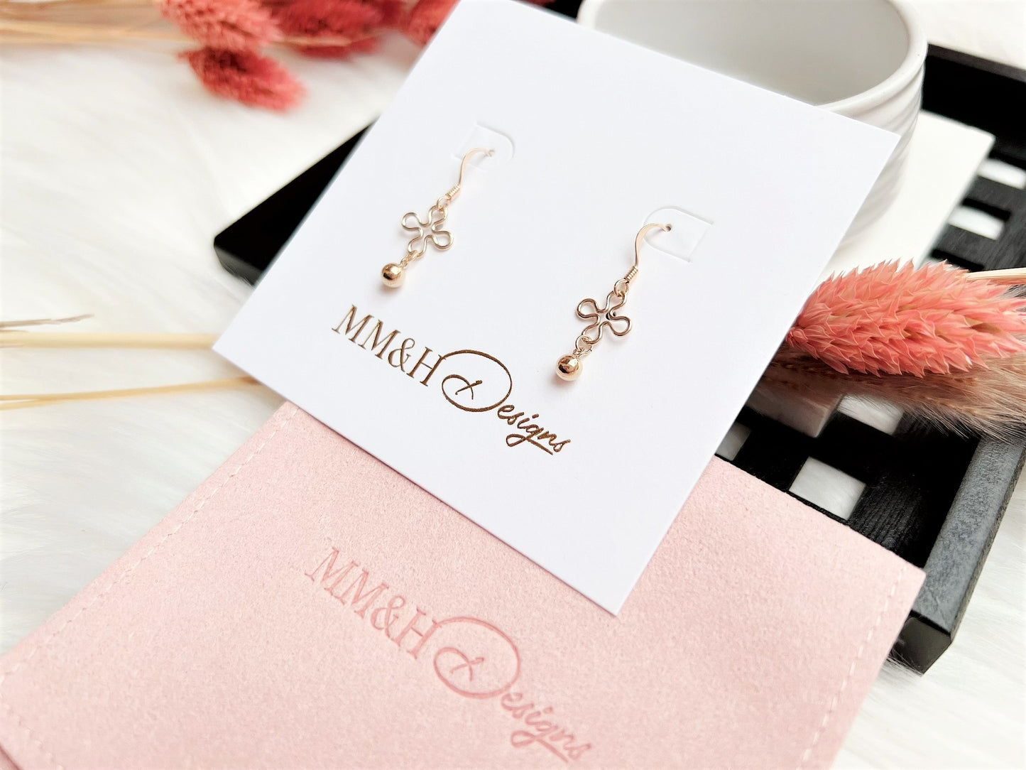 Flower and Gold Bead Earrings