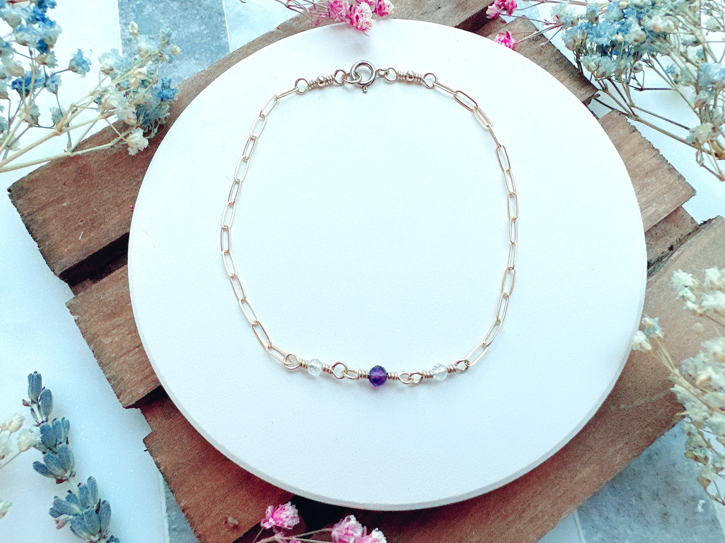 Tiny Gemstones Bracelet on Dainty Paperclip Chain