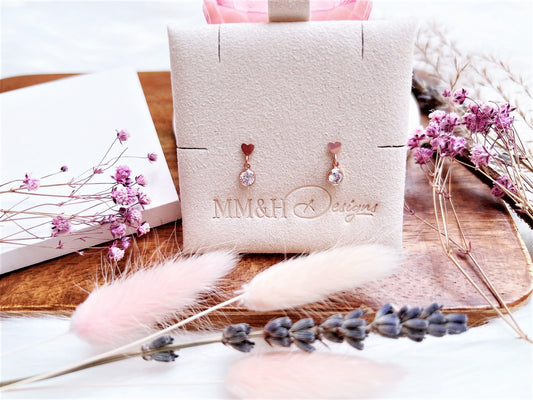 Mini Heart Stud Earrings with Cubic Zirconia Charm (Rose Gold)