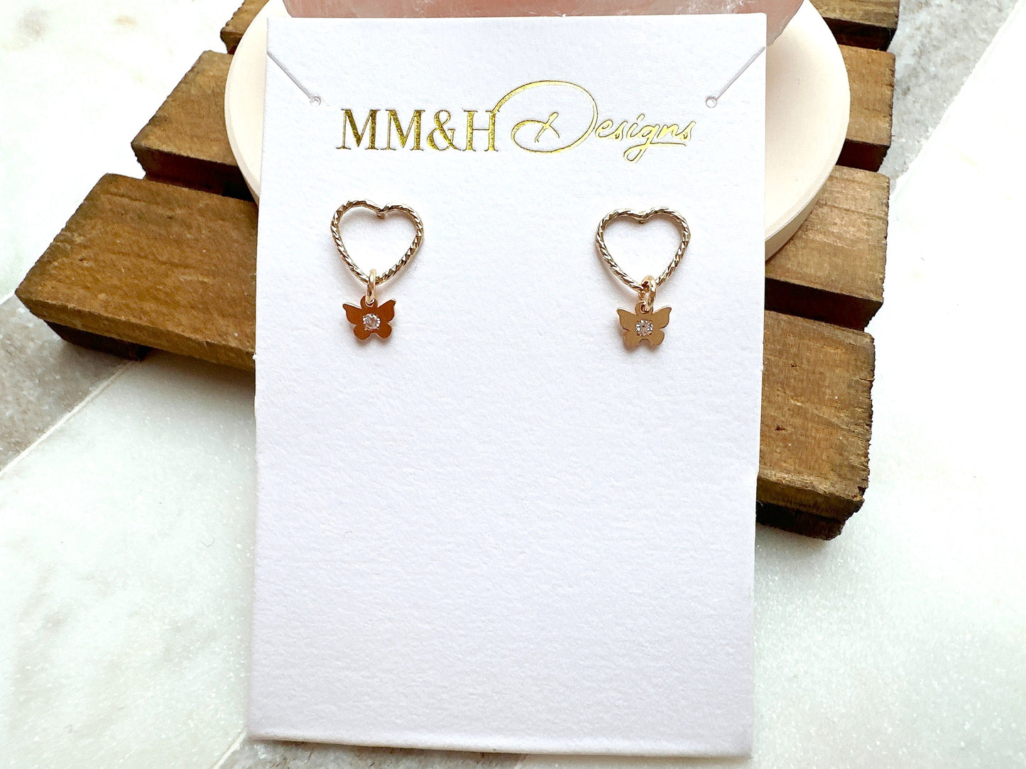 Sparkly Heart Stud Earrings with Mini Butterfly Charm