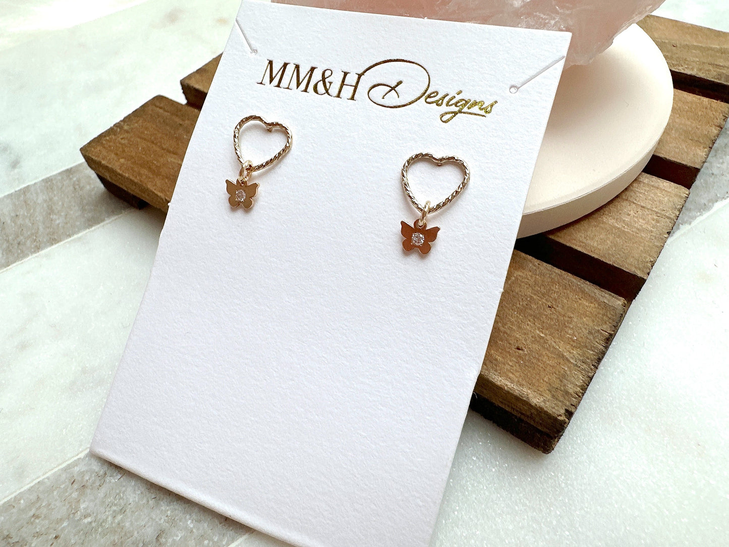 Sparkly Heart Stud Earrings with Mini Butterfly Charm