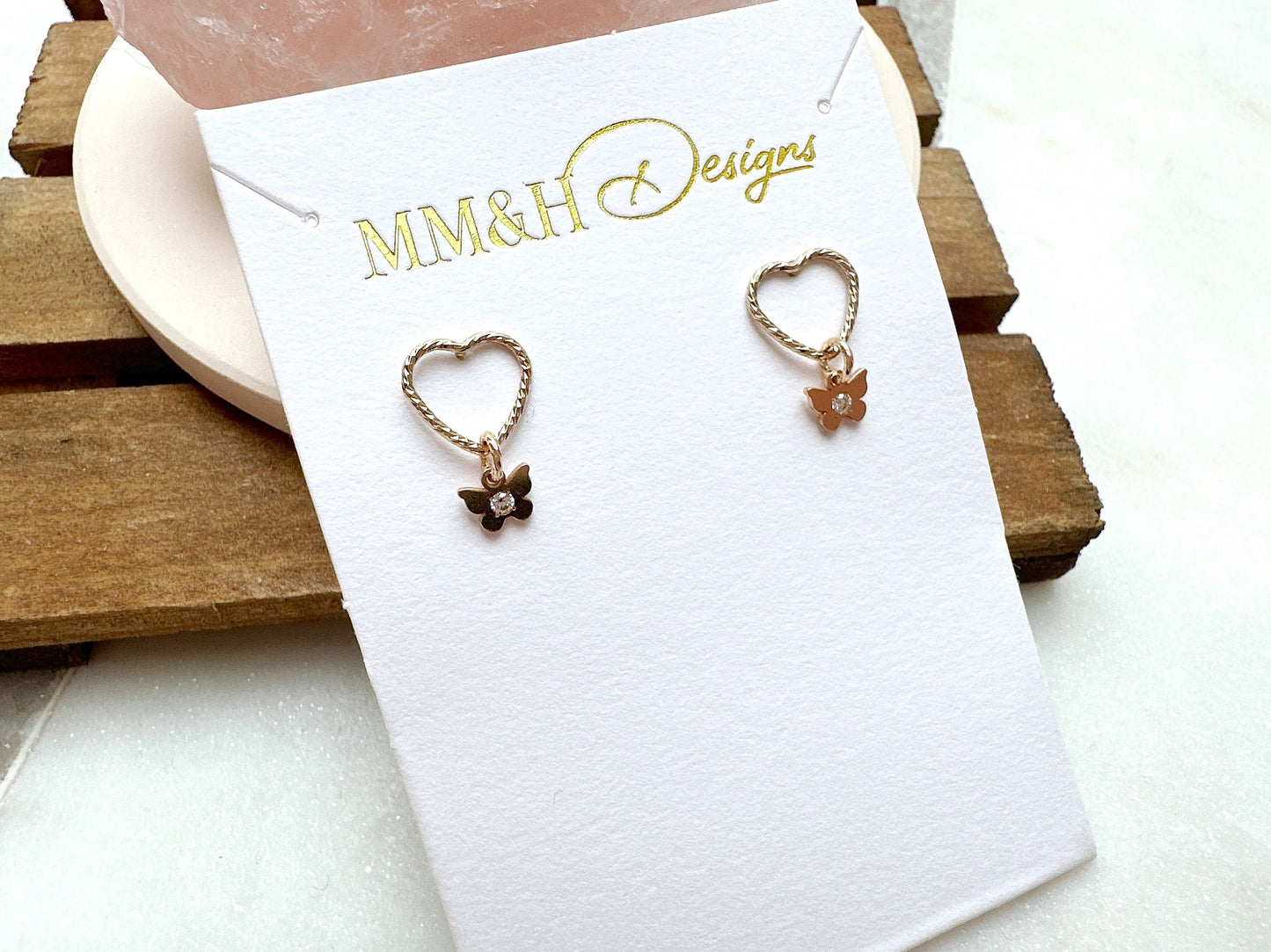 Sparkly Heart Stud Earrings with Mini Butterfly Charm