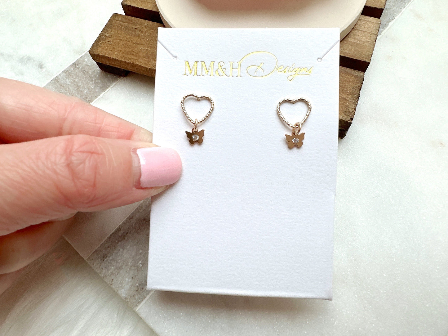 Sparkly Heart Stud Earrings with Mini Butterfly Charm