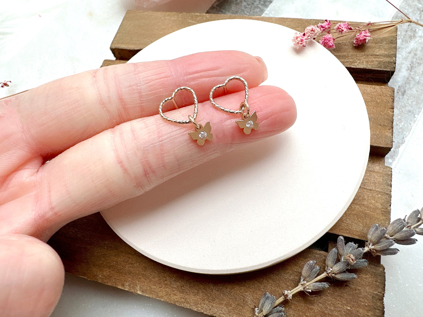 Sparkly Heart Stud Earrings with Mini Butterfly Charm