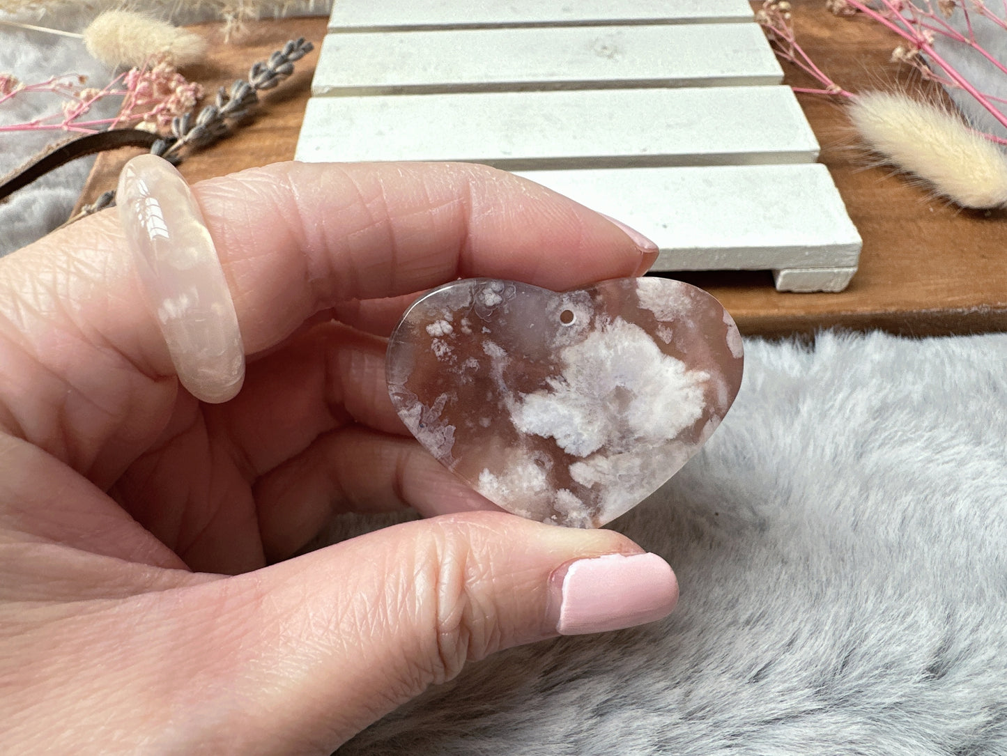 Flower Agate Heart Pendant Bead