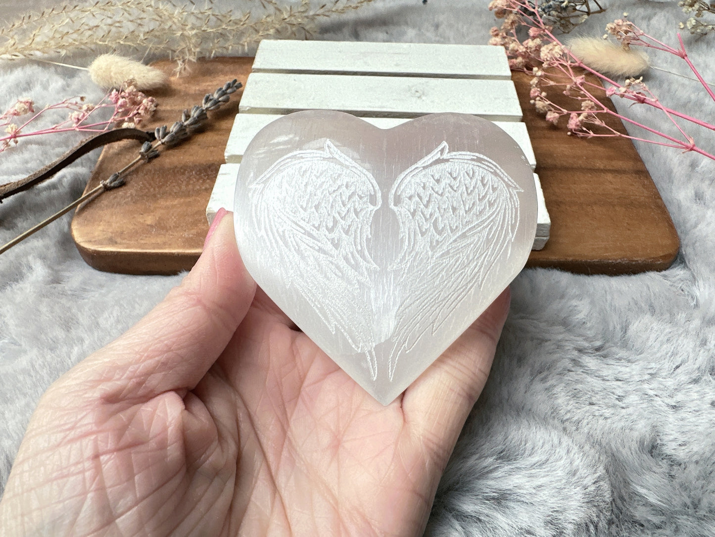 Selenite Heart with Engraved Angel Wings