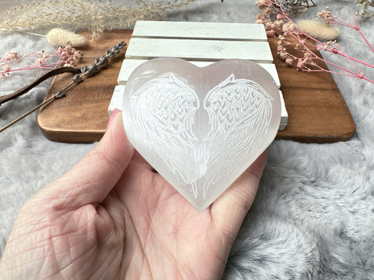 Selenite Heart with Engraved Angel Wings