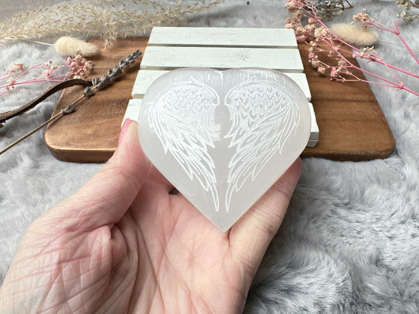 Selenite Heart with Engraved Angel Wings