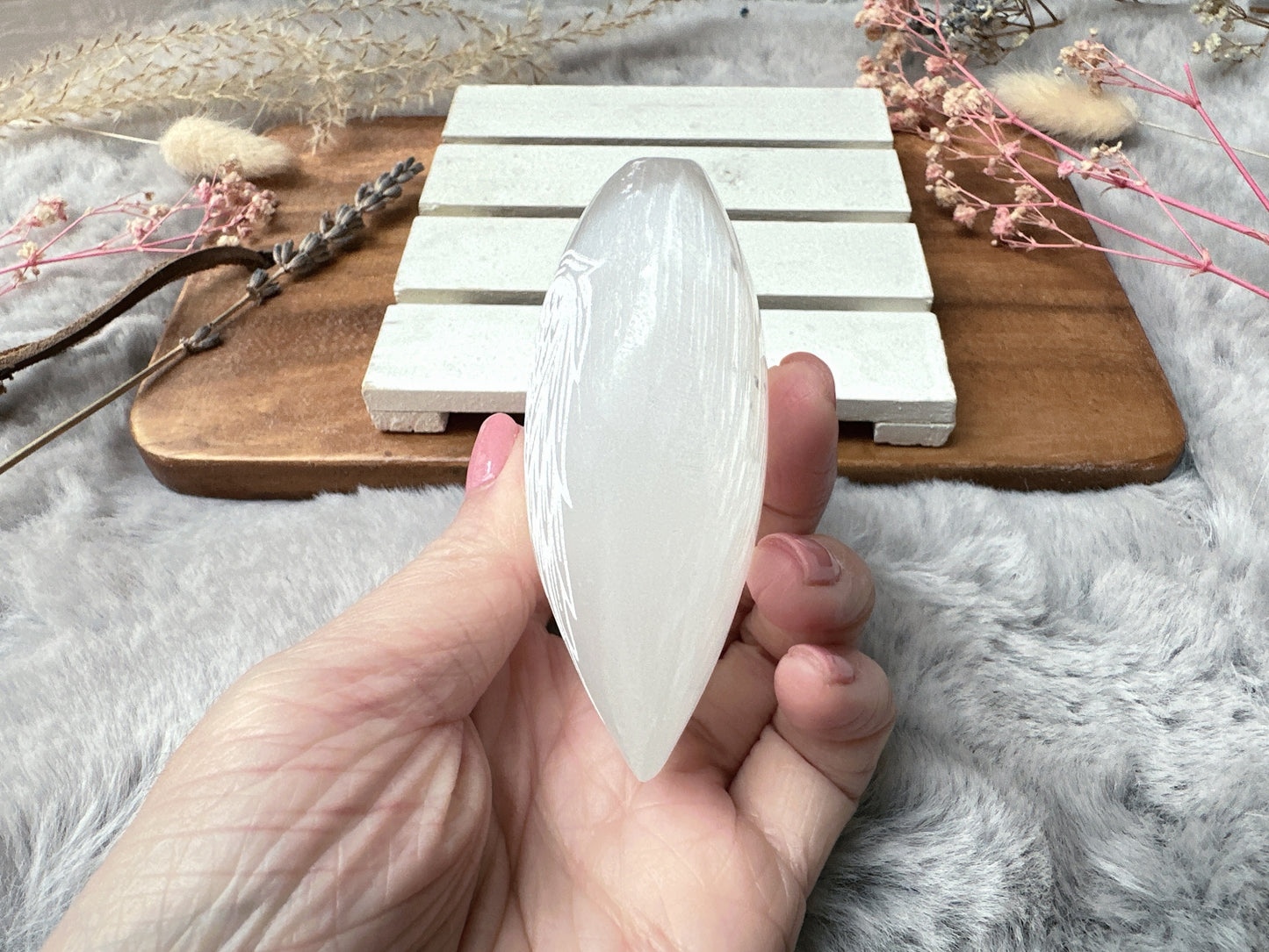 Selenite Heart with Engraved Angel Wings