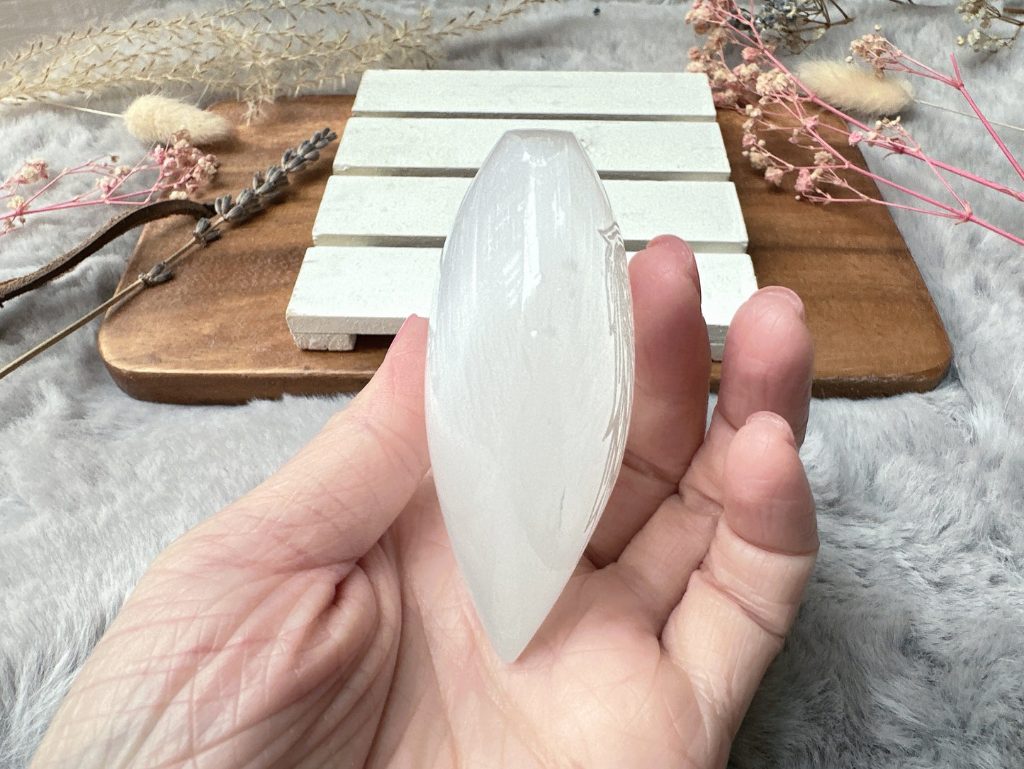 Selenite Heart with Engraved Angel Wings
