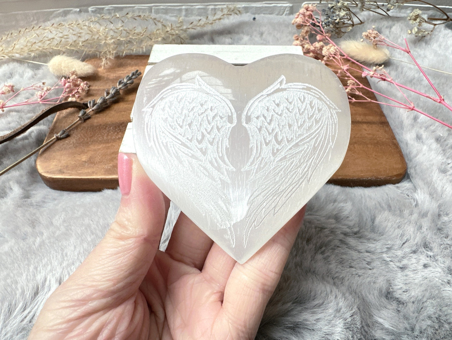 Selenite Heart with Engraved Angel Wings