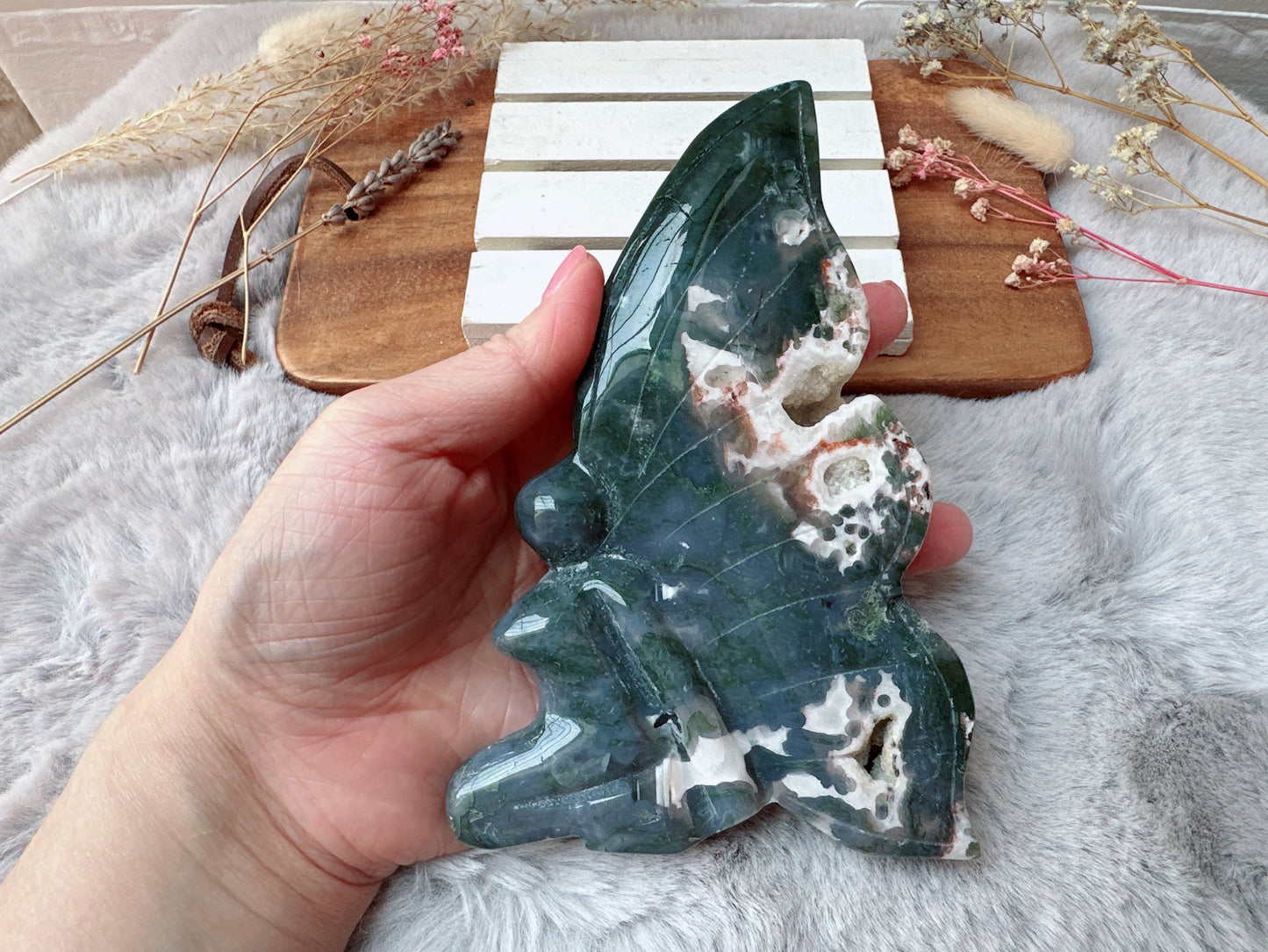 Large Moss Agate Fairy Carving (Imperfect)