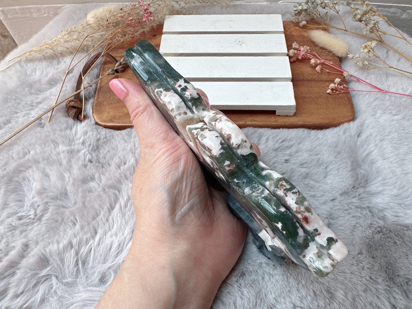 Large Moss Agate Fairy Carving (Imperfect)