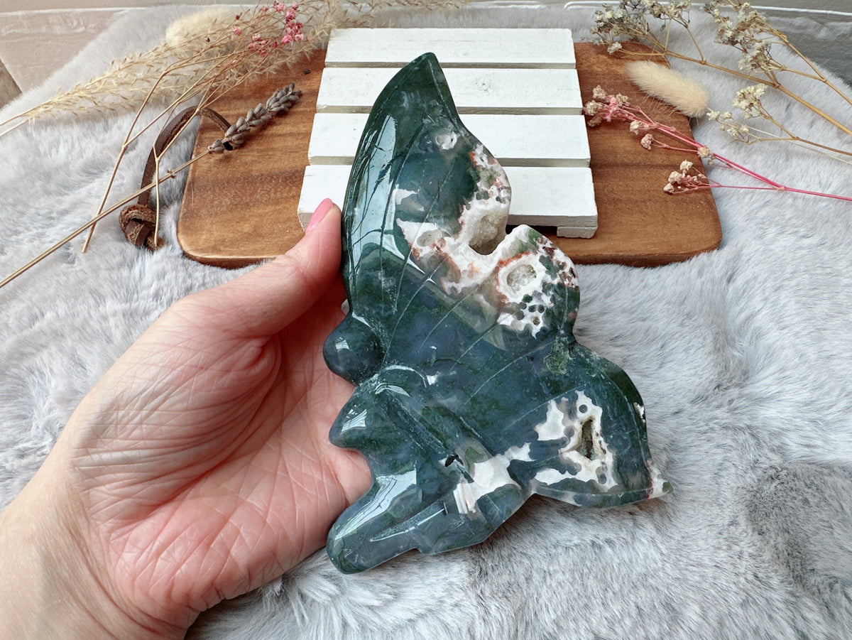 Large Moss Agate Fairy Carving (Imperfect)
