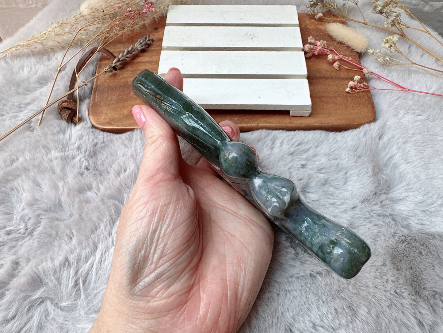 Large Moss Agate Fairy Carving (Imperfect)