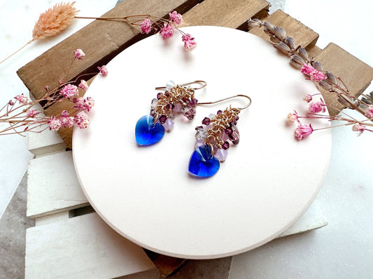 Majestic Blue Heart Crystal Cluster Earrings