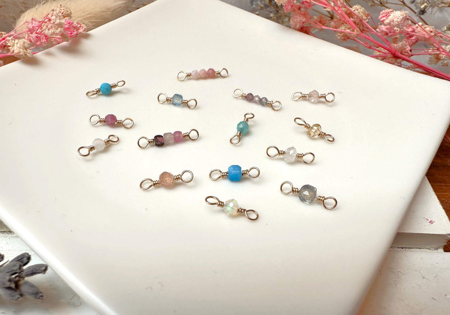 Set of 10 Tiny Gemstones 14k Gold Filled Permanent Jewelry Connectors