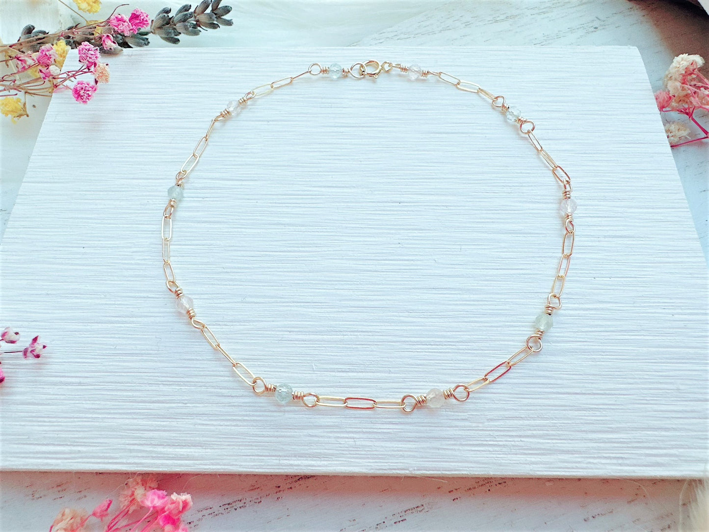 Mini Morganite and Aquamarine Gold Chain Anklet