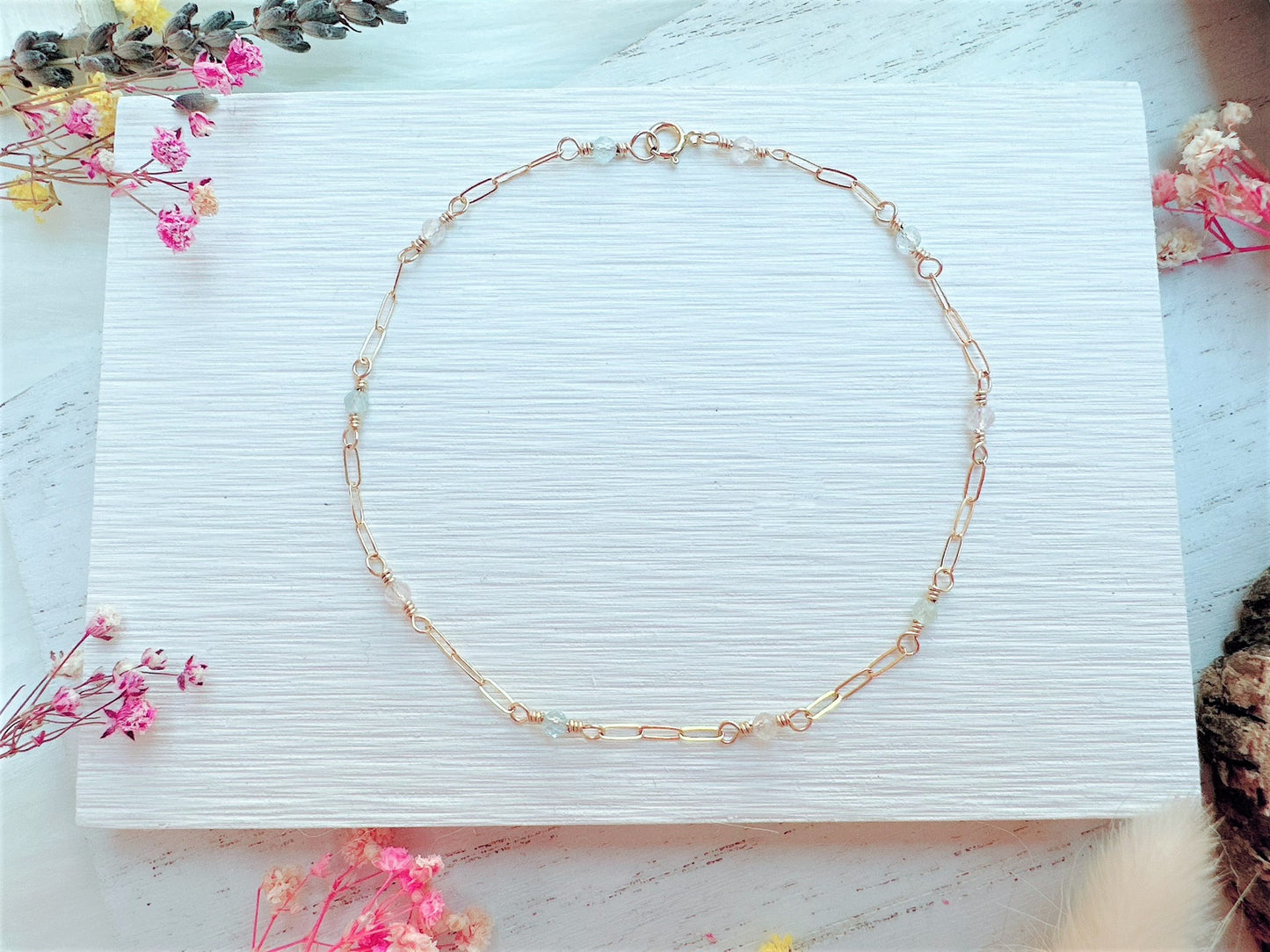 Mini Morganite and Aquamarine Gold Chain Anklet