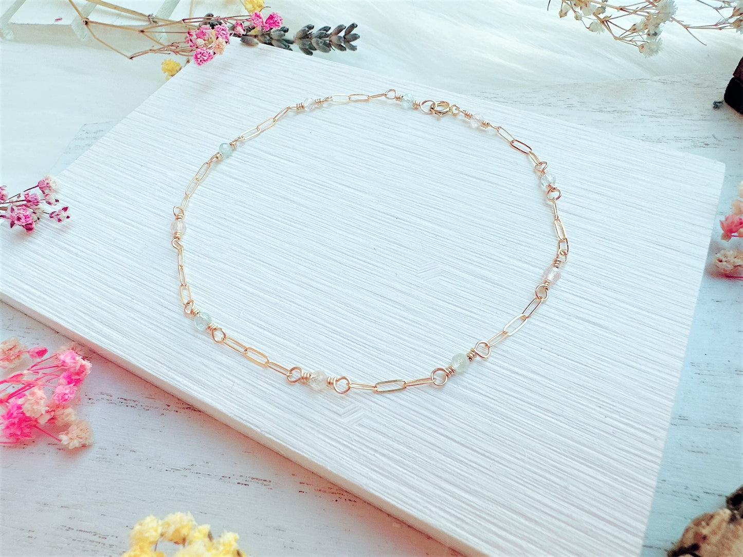 Mini Morganite and Aquamarine Gold Chain Anklet