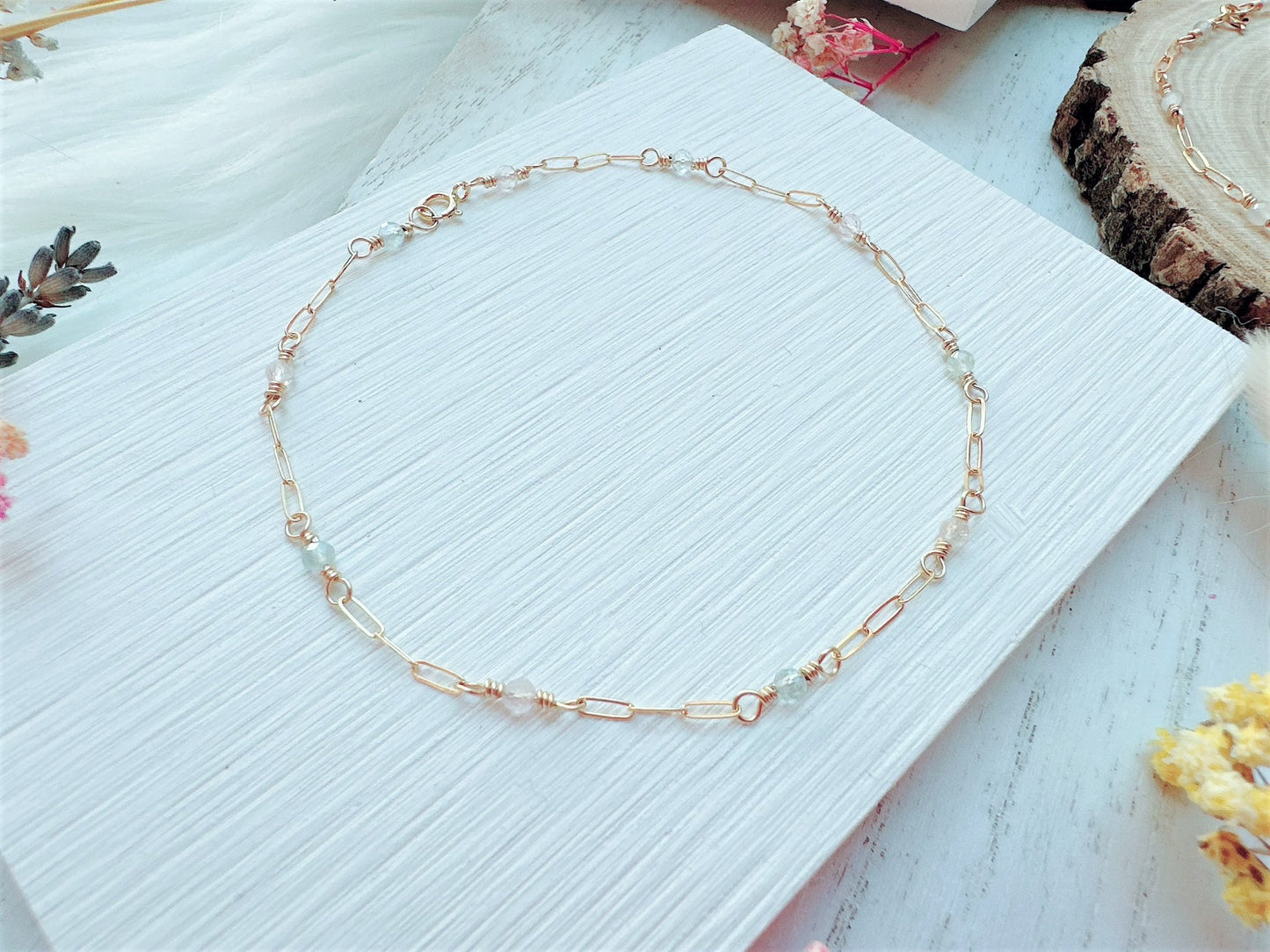 Mini Morganite and Aquamarine Gold Chain Anklet