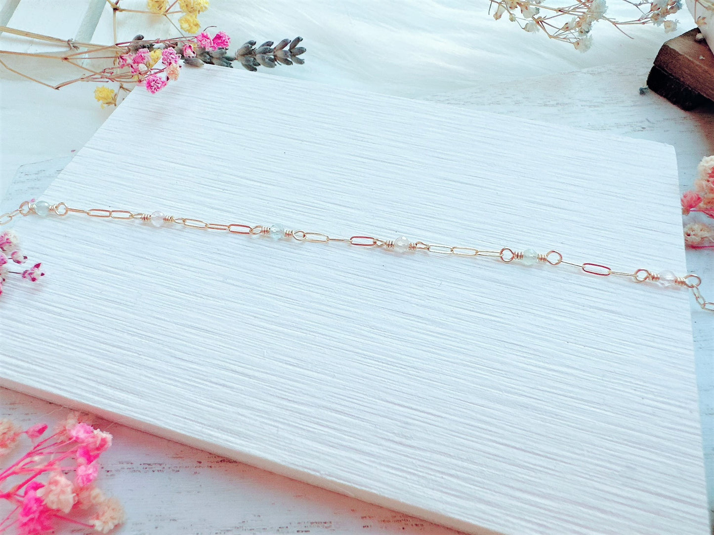 Mini Morganite and Aquamarine Gold Chain Anklet