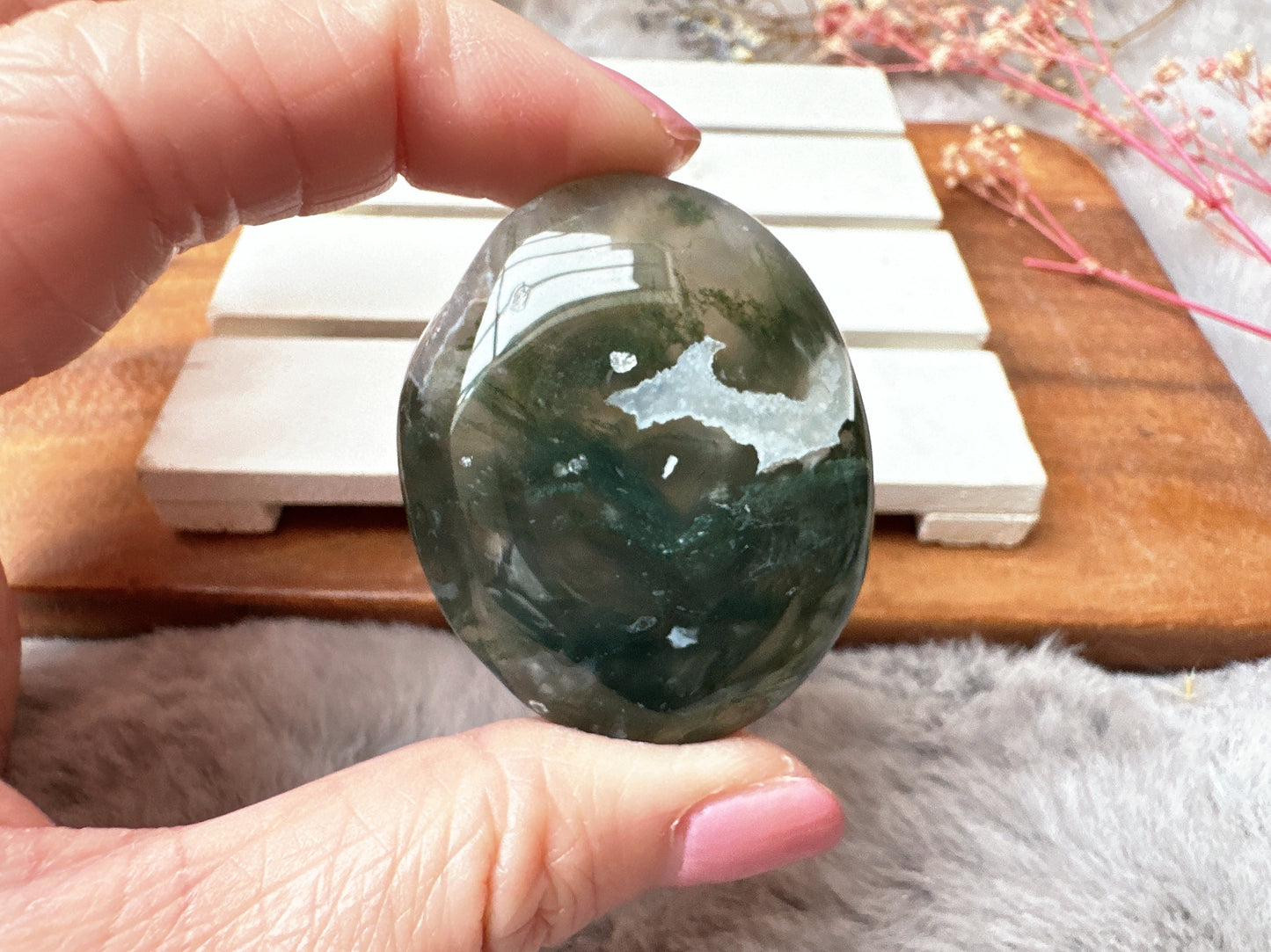 Small Moss Agate Palm Stone