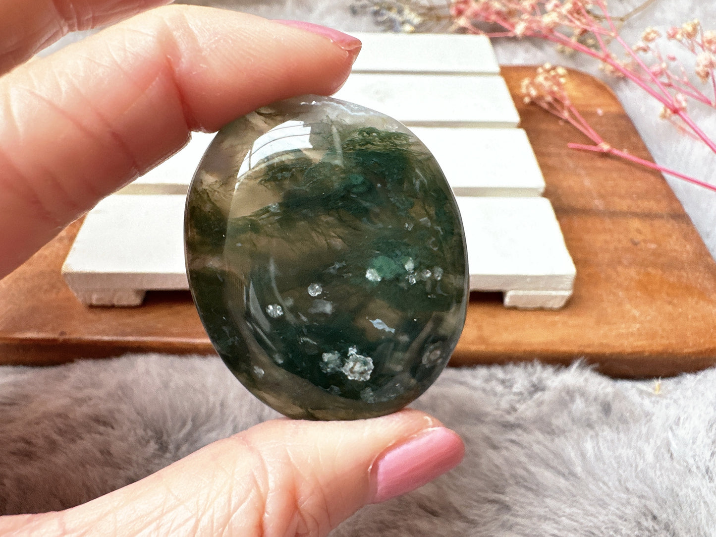 Small Moss Agate Palm Stone
