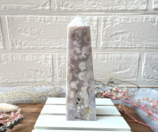 Pink Amethyst with Flower Agate Tower Obelisk
