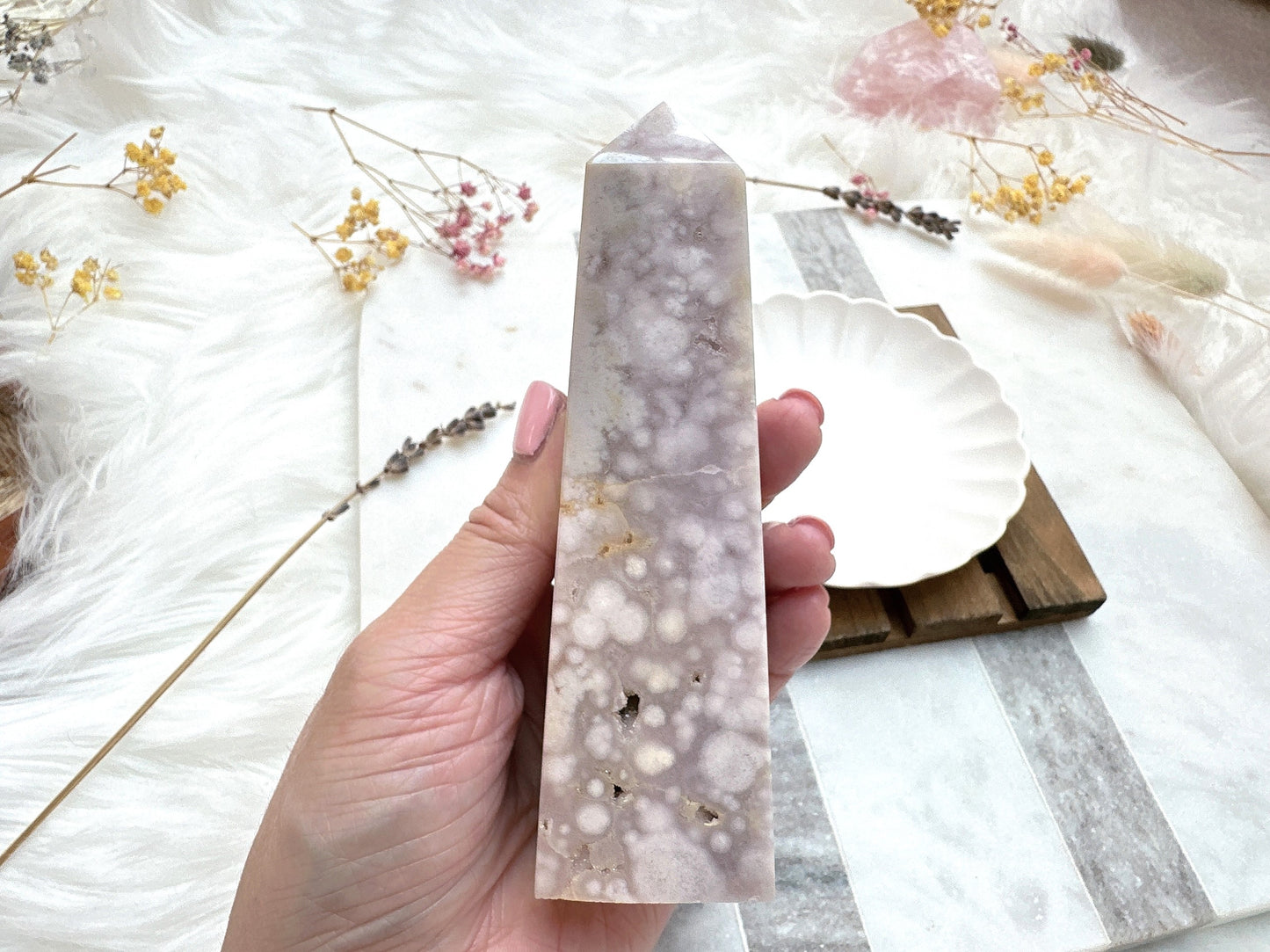 Pink Amethyst with Flower Agate Tower Obelisk