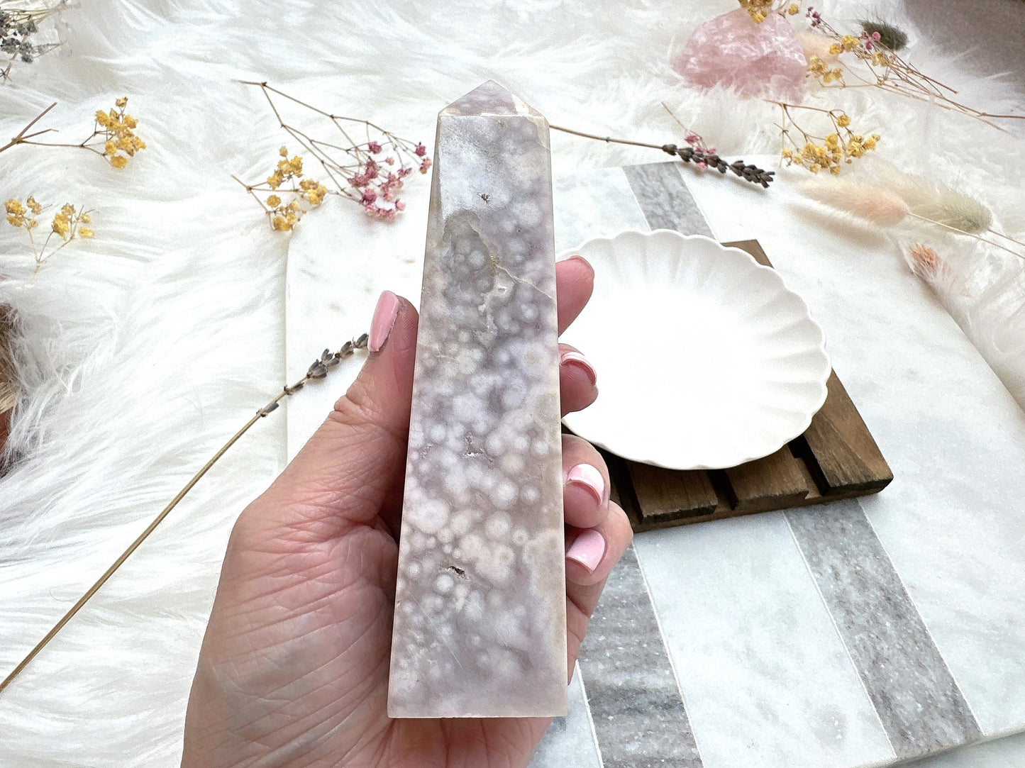 Pink Amethyst with Flower Agate Tower Obelisk