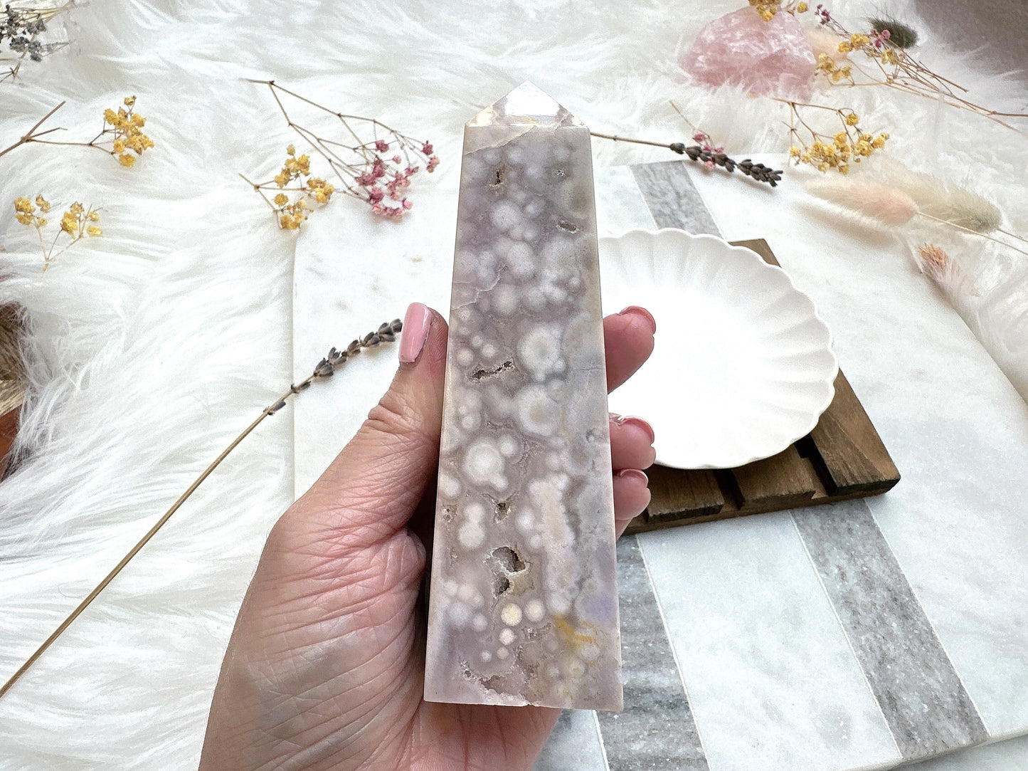 Pink Amethyst with Flower Agate Tower Obelisk