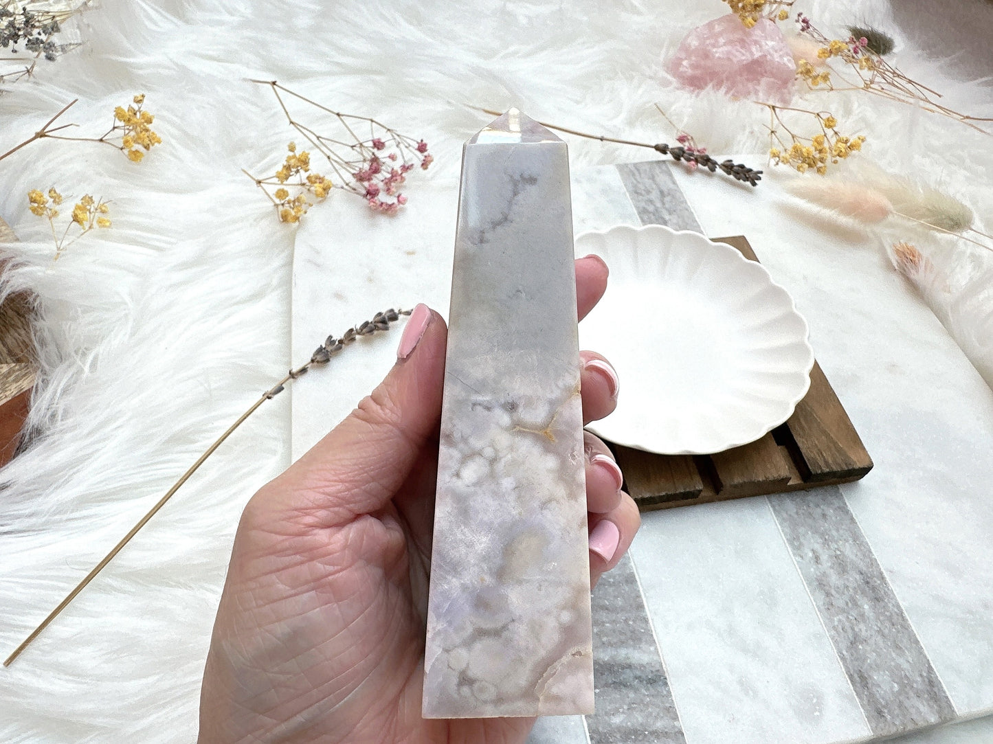 Pink Amethyst with Flower Agate Tower Obelisk