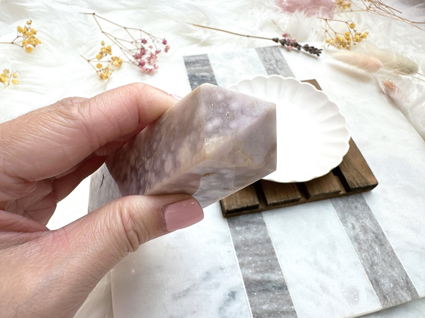 Pink Amethyst with Flower Agate Tower Obelisk