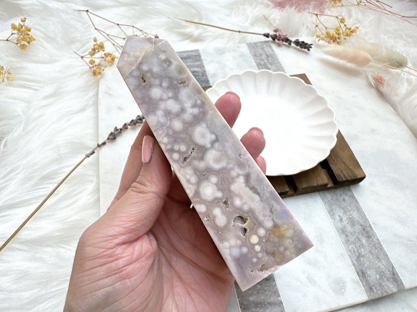 Pink Amethyst with Flower Agate Tower Obelisk