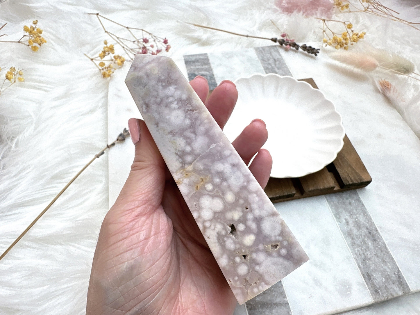 Pink Amethyst with Flower Agate Tower Obelisk