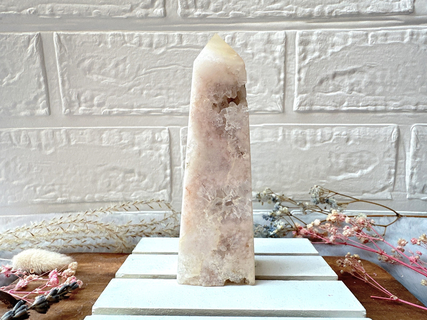 Pink Amethyst with Flower Agate Tower Obelisk