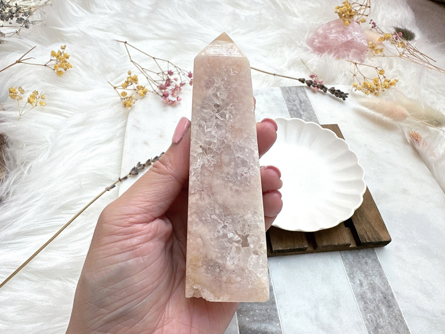 Pink Amethyst with Flower Agate Tower Obelisk
