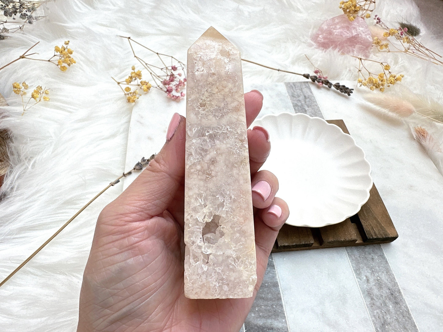Pink Amethyst with Flower Agate Tower Obelisk