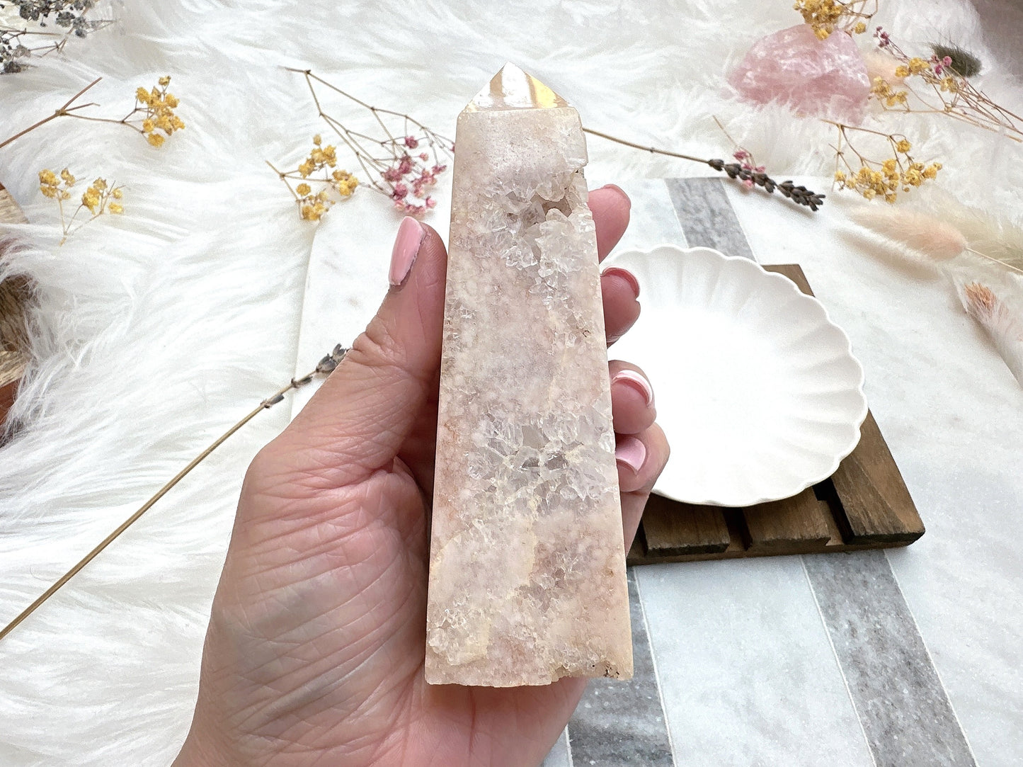 Pink Amethyst with Flower Agate Tower Obelisk